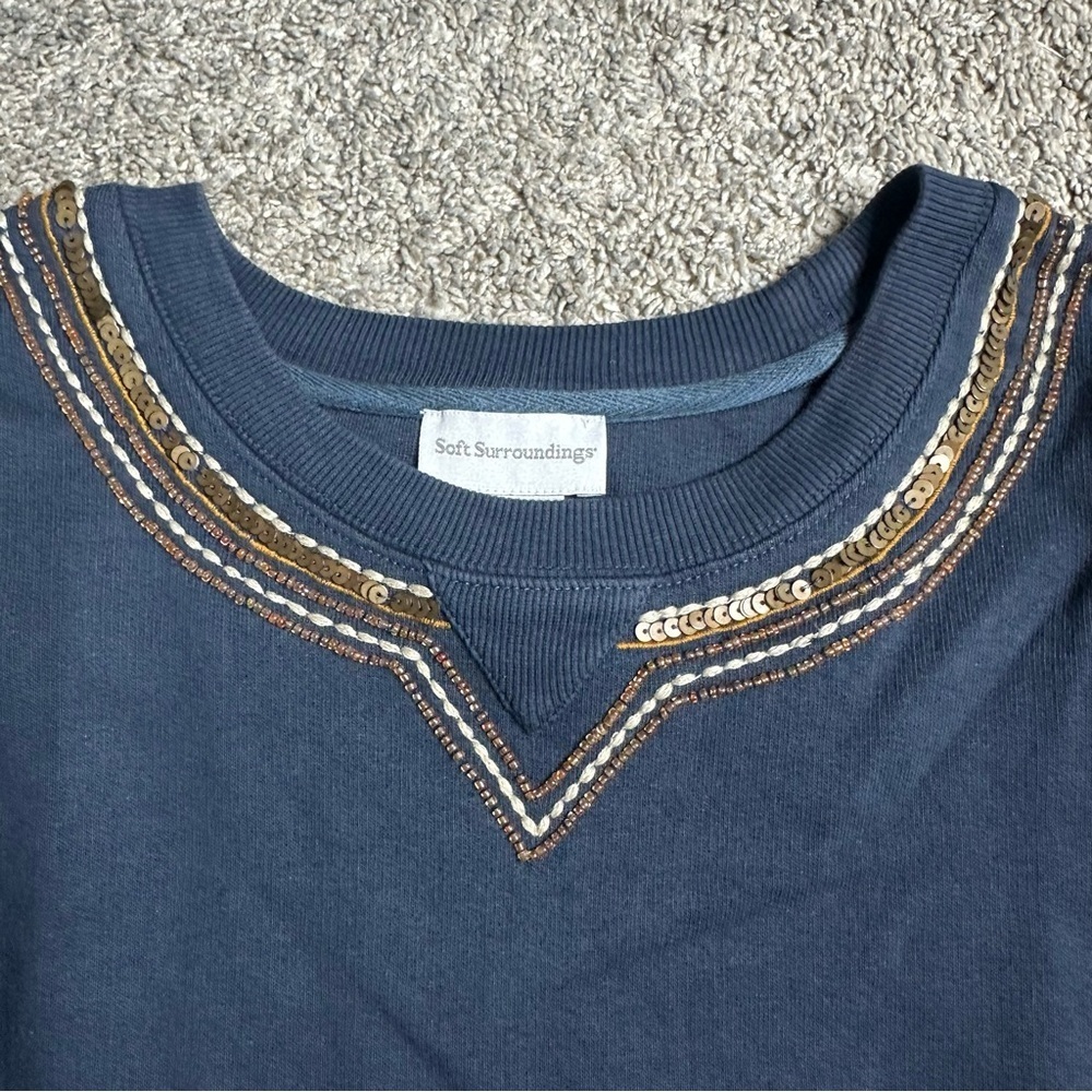Soft Surroundings Beaded Sweatshirt Top Medium Tunic Navy Blue 100% Cotton tan - Picture 3 of 9